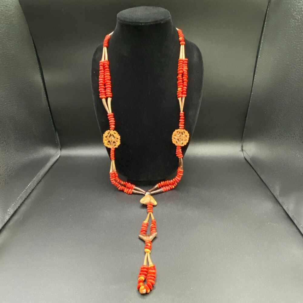 Vintage Walnut Shell Wood & Bean Bead Necklace